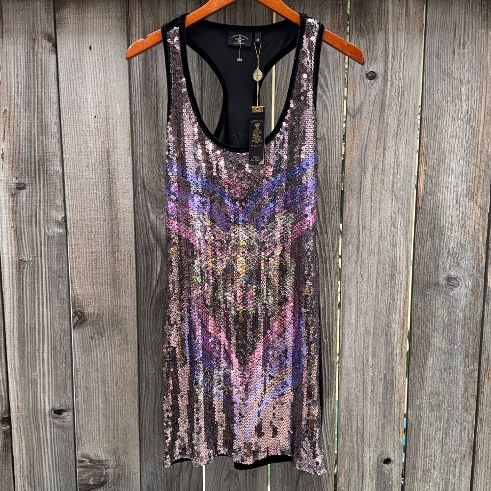 Christian Audigier Sequin Halloween Skull Purple Silver Mini Dress Size Medium